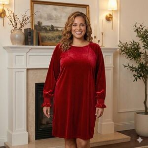 NINE WEST Red Velvet Long Sleeve Midi Dress Sz XL